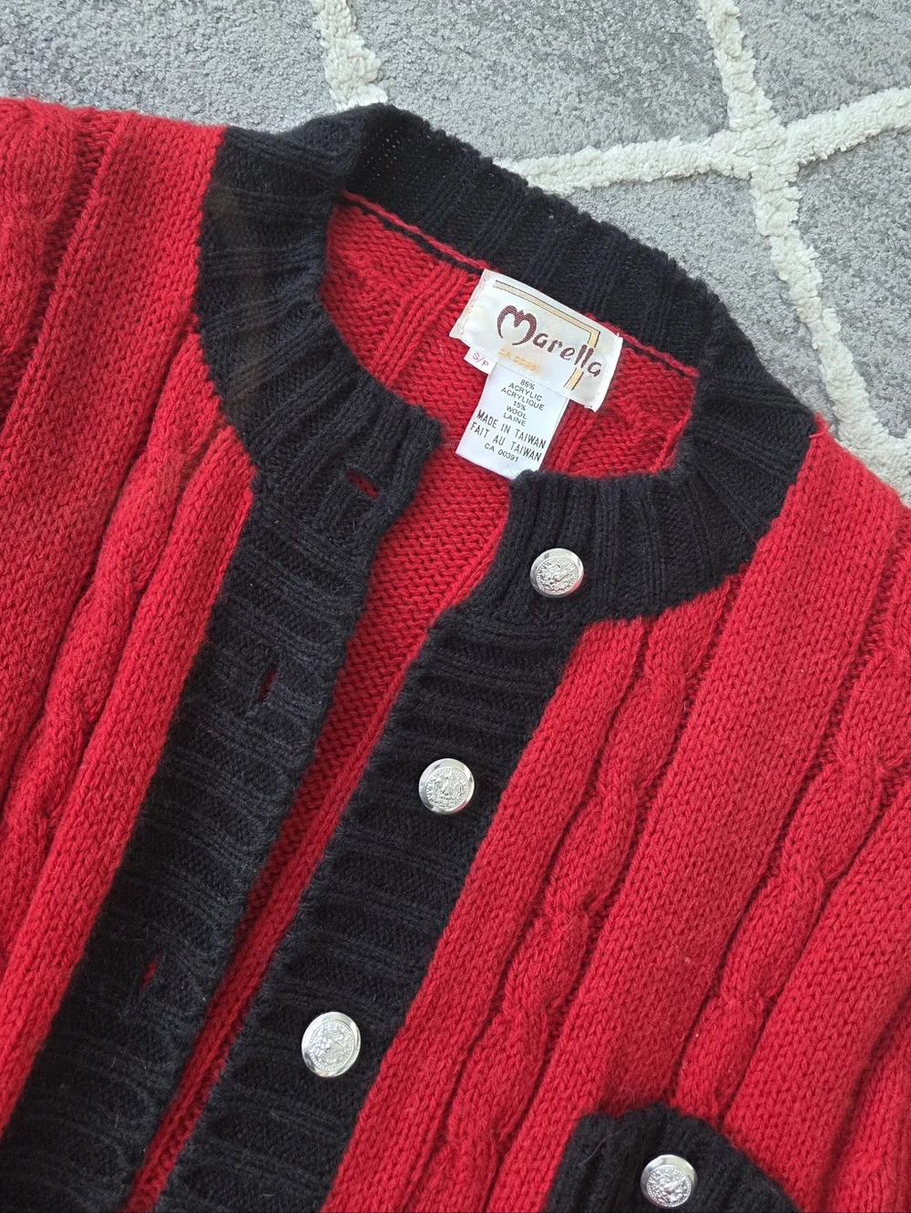 Vintage Red Wool Cable Knit Cardigan with Black Trim - Picture 3 of 5